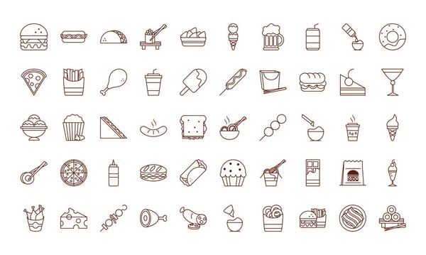 Comida rápida cena y menú, comida sabrosa y poco saludable, restaurante iconos de almuerzo establecer la línea y el estilo de relleno — Vector de stock