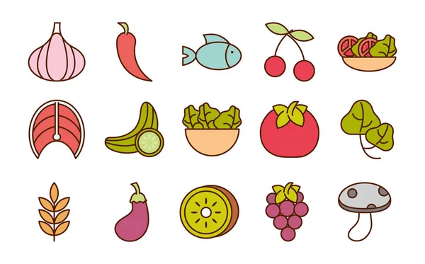 Alimentos saudáveis frutas frescas legumes e produtos de ingredientes proteicos ícones definir linha e ícone de estilo de preenchimento — Vetor de Stock