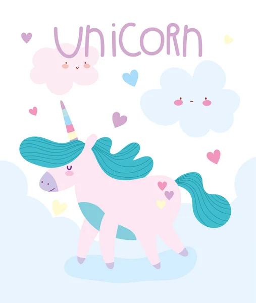 Unicorn kecil hati awan fantasi kartun hewan ajaib - Stok Vektor