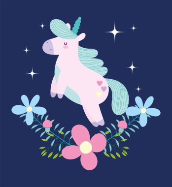 Küçük tek boynuzlu at çiçekleri fantezi yeşil yeleli çizgi film koyu arkaplan