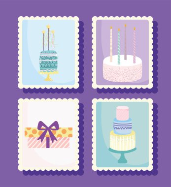 Mutlu yıllar, pasta hediye kartları, mumlar çizgi film dekorasyonu.