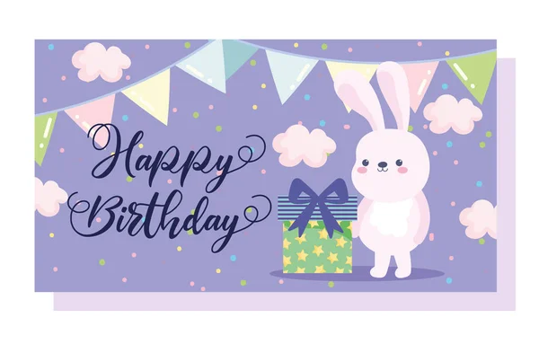 Happy birthday, little rabbit gift box pennants cartoon celebration decoration card — Stock Vector