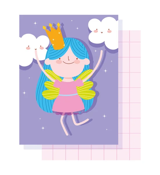 Pequeña princesa de hadas con corona y nubes de dibujos animados cuento mágico — Vector de stock