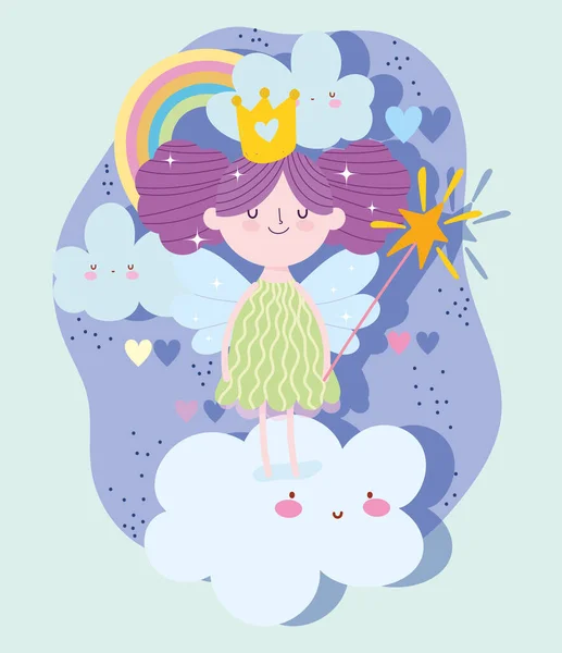 Mała księżniczka bajki z magiczną różdżką na chmurach tęcza bajki kreskówki — Wektor stockowy
