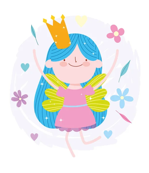 Счастливый маленький сказочный мультфильм с короной и цветами — стоковый вектор