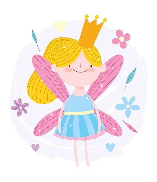 Pequeña princesa de hadas con corona de oro flores cuento de dibujos animados — Vector de stock
