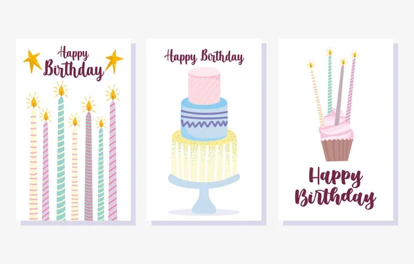 Feliz aniversário, bolo queimando velas cupcake cartão de decoração celebração dos desenhos animados — Vetor de Stock