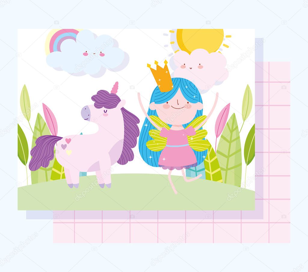little fairy princess with adorable magic unicorn tale cartoon