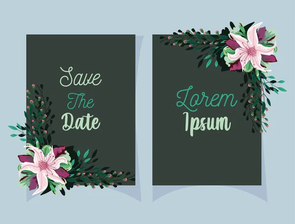 Invitación floral de boda, hojas de flores tarjeta de la plantilla de acuarela — Vector de stock