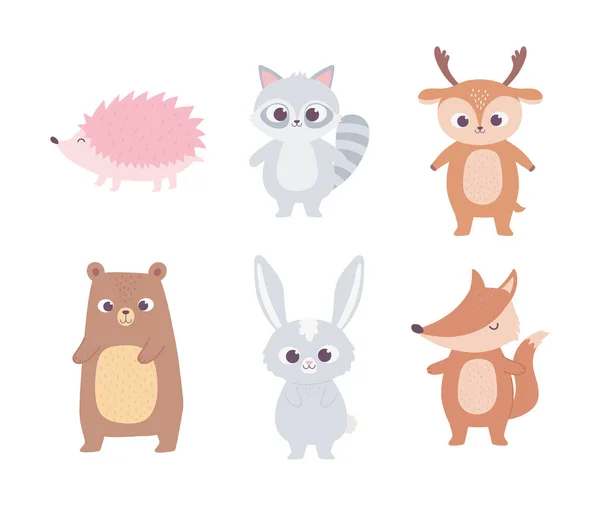 Bonito desenhos animados animais pouco urso guaxinim cervo coelho raposa e ouriço —  Vetores de Stock