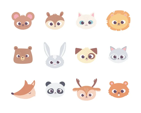 Animaux de dessin animé mignon visages sauvages animaux domestiques icônes de collection — Image vectorielle