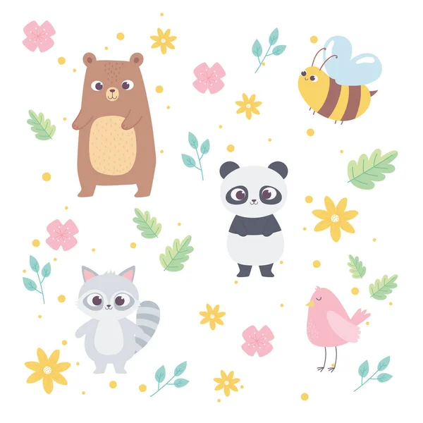 cute cartoon animals wild little bear panda raccoon bird bee flowers background