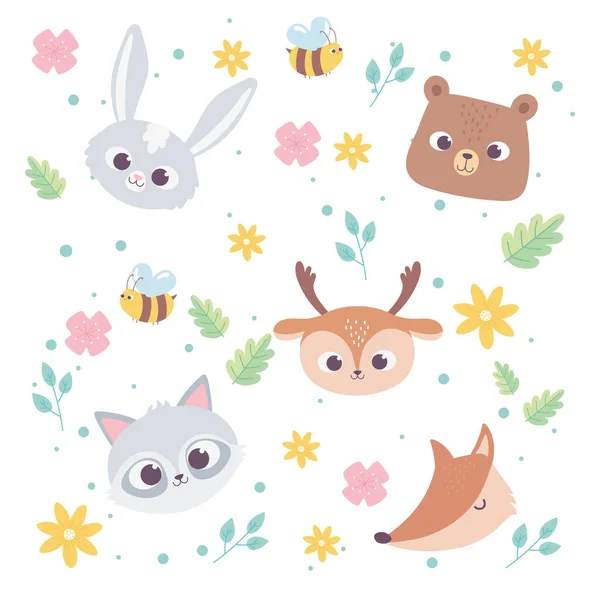 Mignon dessin animé animaux sauvages petits visages lapin ours cerf renard et raton laveur fleurs abeille fond — Image vectorielle