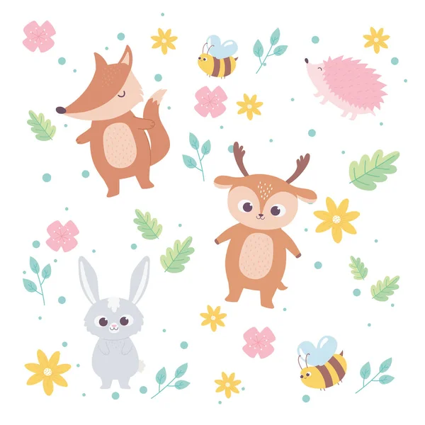 cute cartoon animals wild little fox deer rabbit bee flowers leaves background