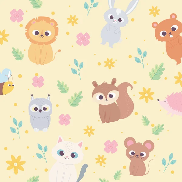 Niedlich cartoon Tiere wild wenig Löwe Eichhörnchen Bär Waschbär Katze Blumen Laub Hintergrund — Stockvektor