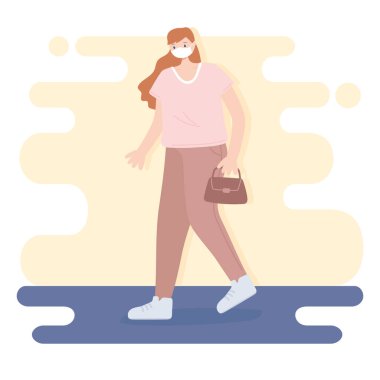 Tıbbi maskeli insanlar, çantasıyla yürüyen bir kadın, koronavirüs sırasında şehir aktivitesi