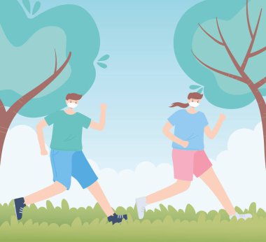 Tıbbi maskeli insanlar, parkta koşan bir çift, koronavirüs sırasında şehir aktivitesi.