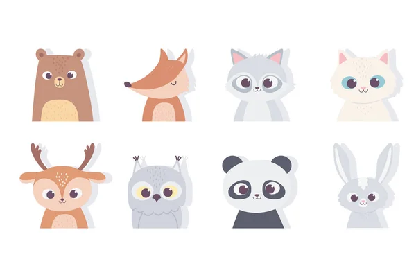 Schattig dieren portret gezicht panda beer vos kat konijn vos hert wasbeer pictogrammen — Stockvector