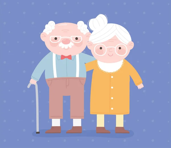 Heureux grand-parents jour, grand-père avec bâton de marche et grand-mère personnage carte de dessin animé — Image vectorielle