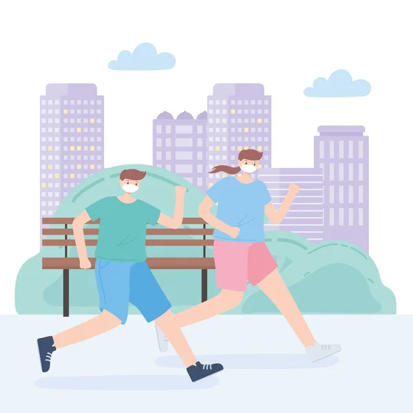 Personnes avec masque médical, femme courant et garçon chevauchant le skate dans le parc, activité de la ville pendant le coronavirus — Image vectorielle