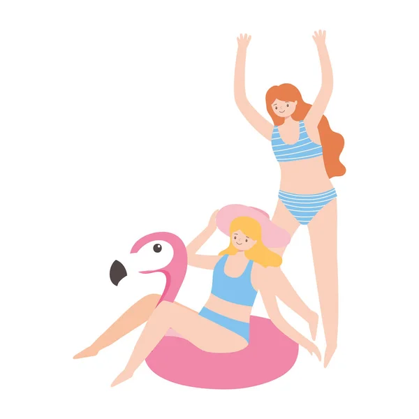 Lato wakacje turystyka młode kobiety z flaminga platforma i stroje kąpielowe — Wektor stockowy