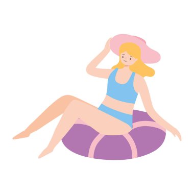 Yüzen karikatür üzerinde şapkası olan mayo giymiş bir kadın izole edilmiş tasarım ikonu beyaz arkaplan