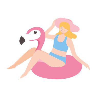 Yüzen karikatür üzerinde mayo giymiş kadın izole tasarım ikonu beyaz arkaplan