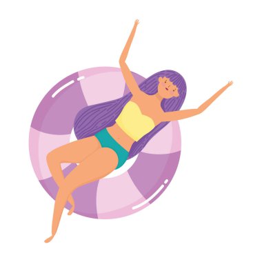 İnsanlar yaz tatili tasarımı, şişme şamandırada rahat genç bir kadın.