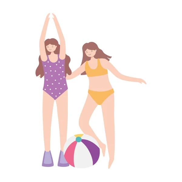 Horário de verão mulheres de praia com bola turismo de férias — Vetor de Stock