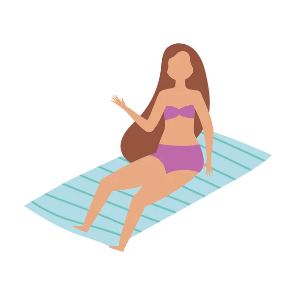 Diseño relacionado con el verano de las personas, mujer tomando el sol en la toalla icono aislado — Archivo Imágenes Vectoriales