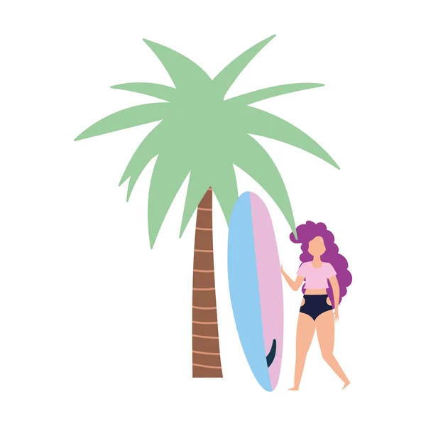 여름 사람들의 활동, 파도타기와 야자나무를 가진 소녀, 해변의 휴식과 여가 활동 — 스톡 벡터