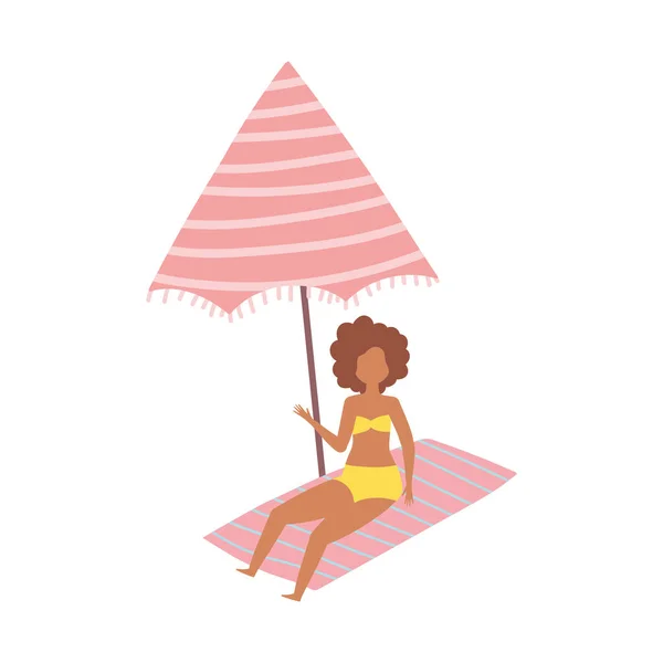 People summer design, young woman resting on towel with umbrella — Stock Vector