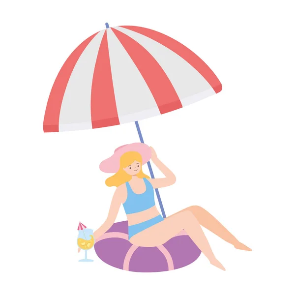 Летнее время девушка на пляже с зонтичным туризмом — стоковый вектор