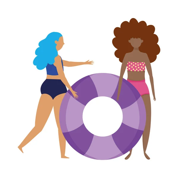 人们夏天相关的设计，穿着泳衣和充气浮动画的年轻女性 — 图库矢量图片