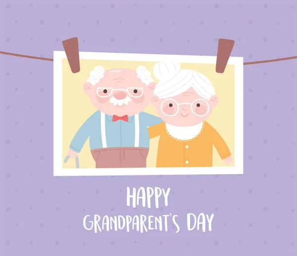 Heureux grand-parents jour, accrocher la photo avec vieux couple carte de dessin animé — Image vectorielle