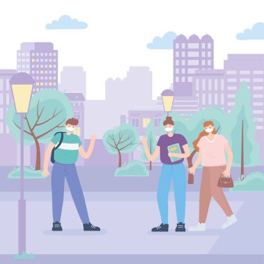 Tıbbi maskeli insanlar, Coronavirus sırasında sokak parkında yürüyen insanlar.