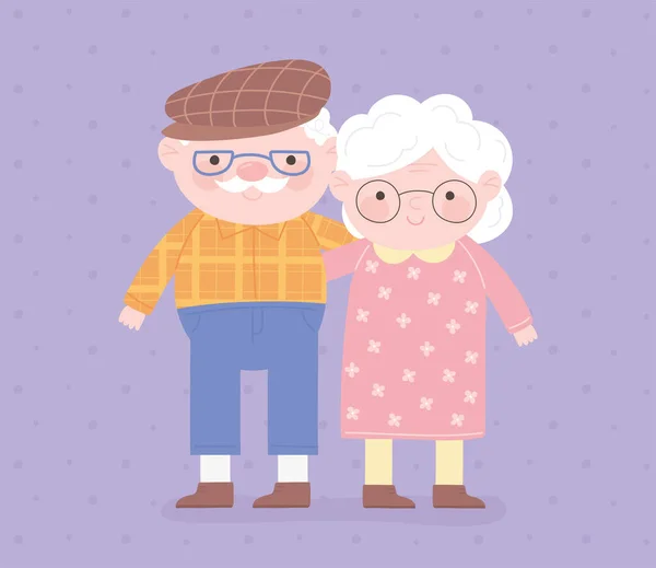 Büyükanne ve büyükbaba günü kutlu olsun, büyükannem ve büyükbabam karakter çizgi film kartlarına sarıldılar. — Stok Vektör
