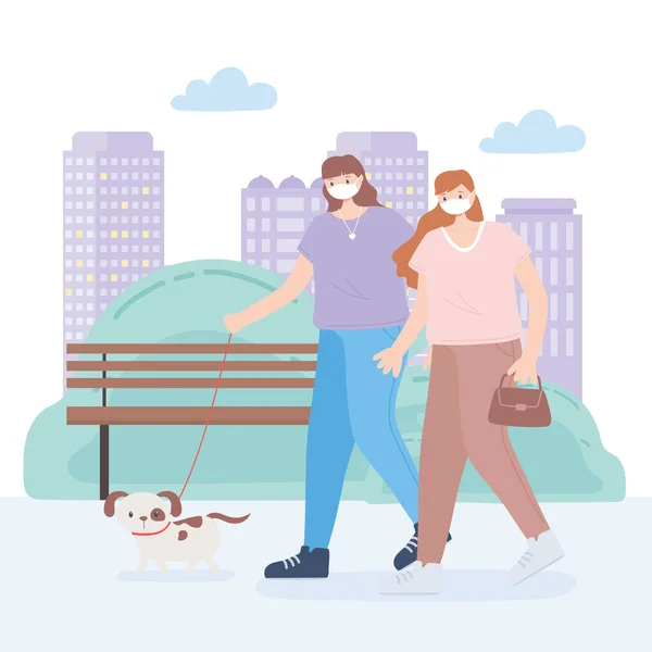 Άτομα με ιατρική μάσκα προσώπου, γυναίκες που περπατούν με σκύλο συντροφιάς, δραστηριότητα της πόλης κατά τη διάρκεια coronavirus — Διανυσματικό Αρχείο