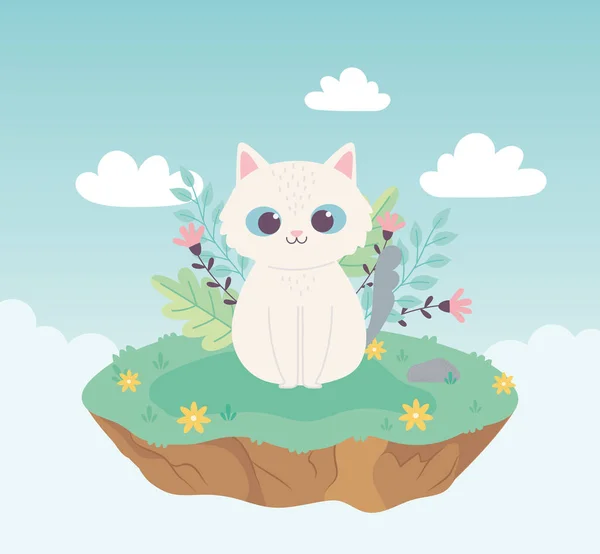 Schattig cartoon dier schattig kleine kat mascotte met bloemen — Stockvector