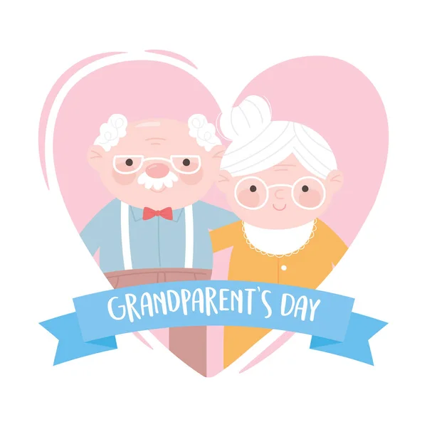 Gelukkig grootouders dag, schattig opa en oma in hart liefde cartoon kaart — Stockvector