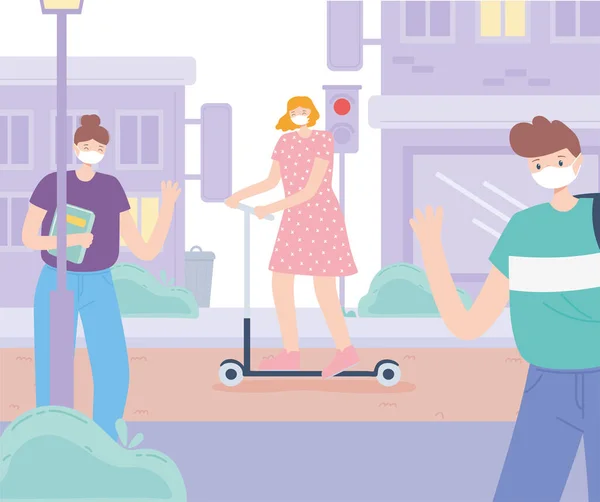 Persone con maschera medica, donna guida scooter elettrico ragazza e ragazzo a piedi strada urbana, attività della città durante coronavirus — Vettoriale Stock