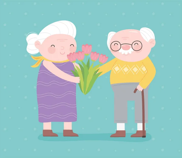 Heureux grand-parents jour, mamie avec des fleurs et grand-père avec canne à pied personnage carte de dessin animé — Image vectorielle