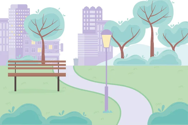 Stad gata urban park väg bänk lampa träd gräs design — Stock vektor