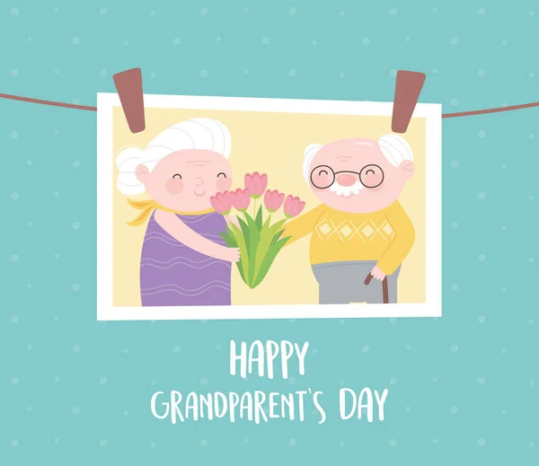 Feliz día de los abuelos, colgando foto con pareja de edad junto con la tarjeta de dibujos animados de flores — Vector de stock