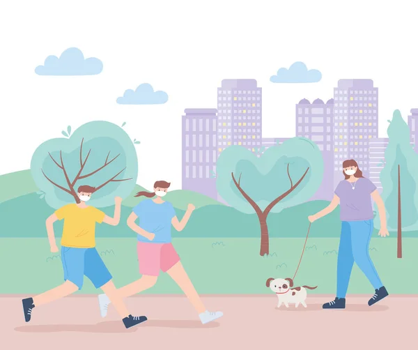 Les personnes avec masque médical, les personnes qui courent et les femmes qui marchent avec un chien dans le parc, l'activité en ville pendant le coronavirus — Image vectorielle