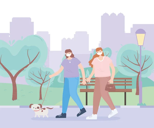 Orvosi maszkos emberek, kutyaparkkal sétáló nők városi színtéren, városi tevékenység a koronavírus alatt — Stock Vector