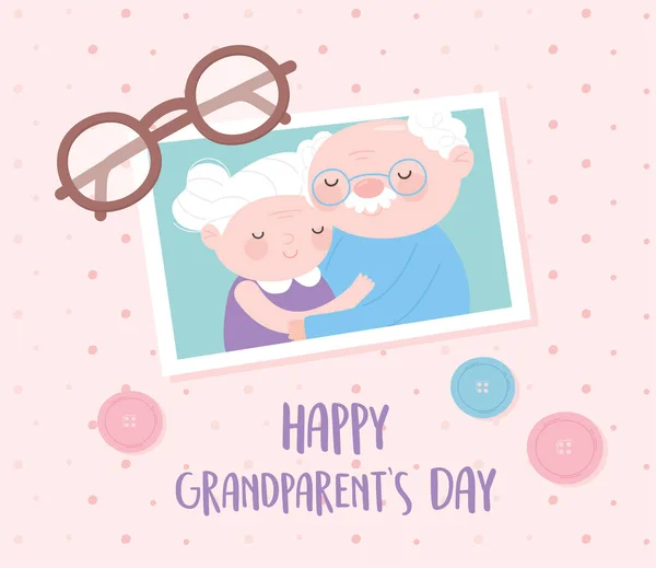 Feliz día de los abuelos, linda foto con el abuelo y la abuela gafas y botones tarjeta de dibujos animados — Vector de stock