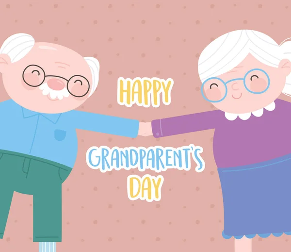 Fröhlicher Großelterntag, lustiger Opa und Oma Händchen haltend Cartoonkarte — Stockvektor