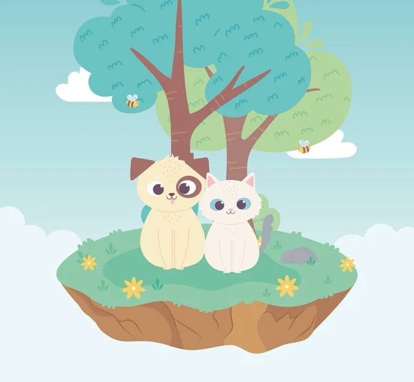 Mignon chien et chat animaux domestiques dessin animé debout prairie arbre et fleurs nature — Image vectorielle