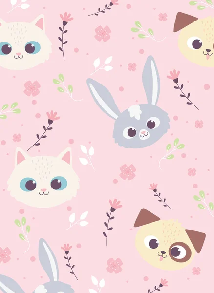 Lindo animales caras conejo gato perro flores floral decoraiton fondo — Vector de stock
